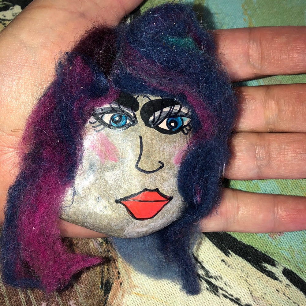 Art Gift rock faces, purple wool hair, big lips!